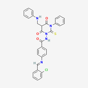 molecular formula C31H24ClN5O3S B12733478 Benzamide, 4-(((2-chlorophenyl)methylene)amino)-N-(tetrahydro-4,6-dioxo-3-phenyl-5-((phenylamino)methyl)-2-thioxo-1(2H)-pyrimidinyl)- CAS No. 131528-74-0