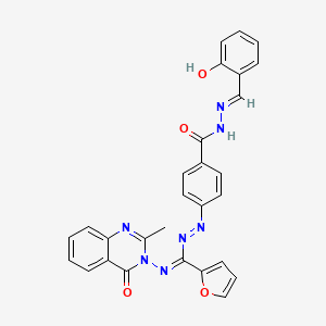molecular formula C28H21N7O4 B12733991 Benzoic acid, 4-((2-furanyl((2-methyl-4-oxo-3(4H)-quinazolinyl)imino)methyl)azo)-, ((2-hydroxyphenyl)methylene)hydrazide CAS No. 127786-21-4
