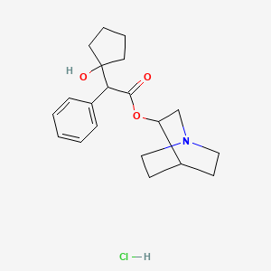 molecular formula C20H28ClNO3 B12733995 Cyclopentaneacetic acid, 1-hydroxy-alpha-phenyl-, 3-quinuclidinyl ester, hydrochloride CAS No. 101931-97-9