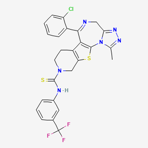 molecular formula C26H20ClF3N6S2 B12734051 9-(2-chlorophenyl)-3-methyl-N-[3-(trifluoromethyl)phenyl]-17-thia-2,4,5,8,14-pentazatetracyclo[8.7.0.02,6.011,16]heptadeca-1(10),3,5,8,11(16)-pentaene-14-carbothioamide CAS No. 132418-42-9