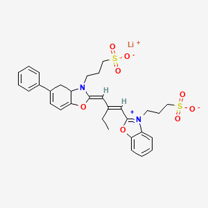molecular formula C31H33LiN2O8S2 B12734155 Hydrogen 5-phenyl-3-(3-sulphonatopropyl)-2-(2-((3-(3-sulphonatopropyl)-3H-benzoxazol-2-ylidene)methyl)but-1-enyl)benzoxazolium, lithium salt CAS No. 81424-68-2