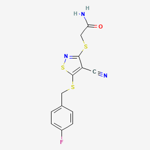 molecular formula C13H10FN3OS3 B12734209 Acetamide, 2-((4-cyano-5-(((4-fluorophenyl)methyl)thio)-3-isothiazolyl)thio)- CAS No. 135489-19-9
