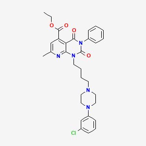 molecular formula C31H34ClN5O4 B12734551 Pyrido(2,3-d)pyrimidine-5-carboxylic acid, 1,2,3,4-tetrahydro-1-(4-(4-(3-chlorophenyl)-1-piperazinyl)butyl)-2,4-dioxo-7-methyl-3-phenyl-, ethyl ester CAS No. 160031-35-6