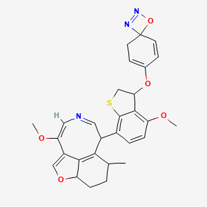 molecular formula C29H29N3O5S B12734883 Benzo(b)thiophen-3(2H)-one, 4-methoxy-7-(10-methoxy-5-methyl-4,5,6,7-tetrahydro-3H-furo(4,3,2-fg)(3)benzazocin-6-yl)-, phenylhydrazone, 1,1-dioxide CAS No. 155857-46-8
