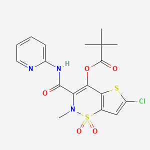 molecular formula C18H18ClN3O5S2 B12735344 Propanoic acid, 2,2-dimethyl-, 6-chloro-2-methyl-3-((2-pyridinylamino)carbonyl)-2H-thieno(2,3-e)-1,2-thiazin-4-yl ester, S,S-dioxide CAS No. 123277-32-7