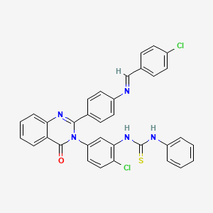 molecular formula C34H23Cl2N5OS B12735563 Thiourea, N-(2-chloro-5-(2-(4-(((4-chlorophenyl)methylene)amino)phenyl)-4-oxo-3(4H)-quinazolinyl)phenyl)-N'-phenyl- CAS No. 83408-69-9
