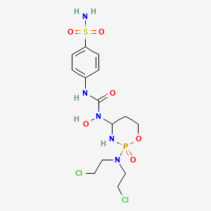 molecular formula C14H22Cl2N5O6PS B12735584 Benzenesulfonamide, 4-((((2-(bis(2-chloroethyl)amino)tetrahydro-2H-1,3,2-oxazaphosphorin-4-yl)hydroxyamino)carbonyl)amino)-, P-oxide CAS No. 97139-20-3