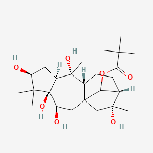 molecular formula C25H42O7 B12735613 7,9a-Methano-9aH-cyclopenta(b)heptalene-2,4,8,11,11a,12(1H)-hexol, dodecahydro-1,1,4,8-tetramethyl-, 12-(2,2-dimethylpropionate), (2S,3as,4R,4ar,7R,8R,9as,11R,11aR,12R)- 