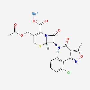 molecular formula C21H17ClN3NaO7S B12735665 Sodium (6R-trans)-3-(acetoxymethyl)-7-(((3-(2-chlorophenyl)-5-methylisoxazol-4-yl)carbonyl)amino)-8-oxo-5-thia-1-azabicyclo(4.2.0)oct-2-ene-2-carboxylate CAS No. 23179-69-3