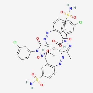 molecular formula C34H26Cl2CrN10O10S2-2 B12735795 Bis(2-((1-(3-chlorophenyl)-4,5-dihydro-3-methyl-5-oxo-1H-pyrazol-4-yl)azo)-5-sulphamoylbenzoato(2-))chromate(1-) CAS No. 39002-49-8