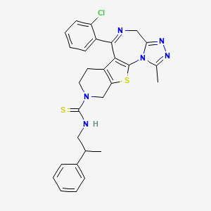 molecular formula C28H27ClN6S2 B12736027 9-(2-chlorophenyl)-3-methyl-N-(2-phenylpropyl)-17-thia-2,4,5,8,14-pentazatetracyclo[8.7.0.02,6.011,16]heptadeca-1(10),3,5,8,11(16)-pentaene-14-carbothioamide CAS No. 132418-49-6