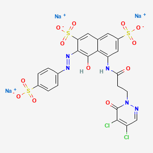 molecular formula C23H14Cl2N5Na3O12S3 B12736242 Trisodium 4-((3-(4,5-dichloro-6-oxo-6H-pyridazin-1-yl)propionyl)amino)-5-hydroxy-6-((4-sulphonatophenyl)azo)naphthalene-2,7-disulphonate CAS No. 85958-98-1