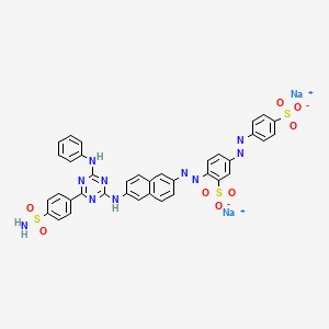 molecular formula C37H26N10Na2O8S3 B12736277 Disodium 2-((6-((6-anilino-4-(4-sulphamoylphenyl)-1,3,5-triazin-2-yl)amino)-2-naphthyl)azo)-5-((4-sulphonatophenyl)azo)benzenesulphonate CAS No. 93982-55-9