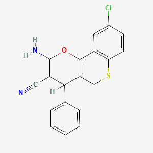 molecular formula C19H13ClN2OS B12736483 4H,5H-(1)Benzothiopyrano(4,3-b)pyran-3-carbonitrile, 2-amino-9-chloro-4-phenyl- CAS No. 135521-74-3