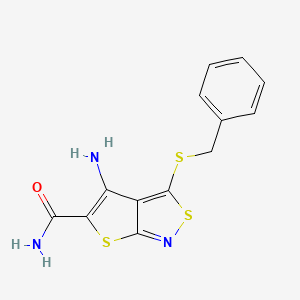 molecular formula C13H11N3OS3 B12736633 Thieno(2,3-c)isothiazole-5-carboxamide, 4-amino-3-((phenylmethyl)thio)- CAS No. 135489-26-8