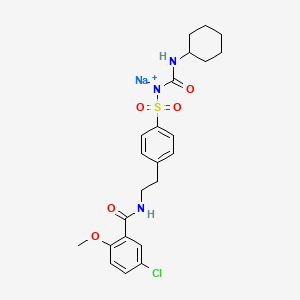 molecular formula C23H27ClN3NaO5S B12736676 Sodium 5-chloro-N-(2-(4-((((cyclohexylamino)carbonyl)amino)sulphonyl)phenyl)ethyl)-2-methoxybenzamidate CAS No. 20271-40-3