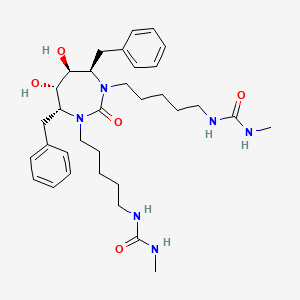 molecular formula C33H50N6O5 B12736760 Urea, N-(5-((4R,5S,6S,7R)-hexahydro-5,6-dihydroxy-3-(5-(((methylamino)carbonyl)amino)pentyl)-2-oxo-4,7-bis(phenylmethyl)-1H-1,3-diazepin-1-yl)pentyl)-N'-methyl- CAS No. 167826-30-4