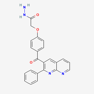 molecular formula C23H18N4O3 B12737142 Acetic acid, (4-((2-phenyl-1,8-naphthyridin-3-yl)carbonyl)phenoxy)-, hydrazide CAS No. 136603-11-7
