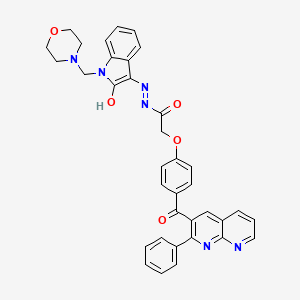 molecular formula C36H30N6O5 B12737187 Acetic acid, (4-((2-phenyl-1,8-naphthyridin-3-yl)carbonyl)phenoxy)-, (1,2-dihydro-1-(4-morpholinylmethyl)-2-oxo-3H-indol-3-ylidene)hydrazide CAS No. 136603-16-2
