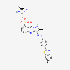 molecular formula C30H26N8O4S2 B12737697 2-Methyl-3-((4-(6-methylbenzothiazol-2-yl)phenyl)azo)pyrazolo(5,1-b)quinazoline-9(1H)-one, mono((4-methyl-1H-imidazolyl)methyl) monosulpho derivative CAS No. 84930-04-1