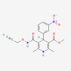 molecular formula C19H19N3O6 B12738058 3-Pyridinecarboxylic acid, 1,4-dihydro-2,6-dimethyl-4-(3-nitrophenyl)-5-(((2-propynyloxy)amino)carbonyl)-, methyl ester CAS No. 133147-13-4