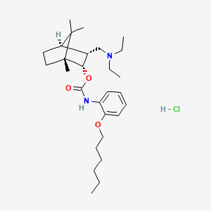molecular formula C28H47ClN2O3 B12738087 Carbamic acid, (2-(hexyloxy)phenyl)-, 3-((diethylamino)methyl)-1,7,7-trimethylbicyclo(2.2.1)hept-2-yl ester, monohydrochloride, (endo,endo)-(+-)- CAS No. 149749-97-3