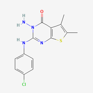 molecular formula C14H13ClN4OS B12738343 Thieno(2,3-d)pyrimidin-4(3H)-one, 3-amino-2-((4-chlorophenyl)amino)-5,6-dimethyl- CAS No. 175600-09-6