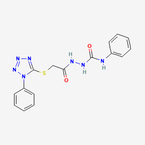 molecular formula C16H15N7O2S B12738488 Acetic acid, ((1-phenyl-1H-tetrazol-5-yl)thio)-, 2-((phenylamino)carbonyl)hydrazide CAS No. 133506-46-4