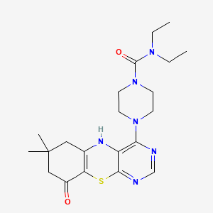 molecular formula C21H30N6O2S B12738695 1-Piperazinecarboxamide, N,N-diethyl-4-(6,7,8,9-tetrahydro-7,7-dimethyl-9-oxo-5H-pyrimido(4,5-b)(1,4)benzothiazin-4-yl)- CAS No. 89513-72-4