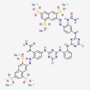 molecular formula C46H28Cl2N18Na6O20S6 B12738714 Hexasodium 7,7'-(1,2-phenylenebis(imino(6-chloro-1,3,5-triazine-4,2-diyl)imino(2-((aminocarbonyl)amino)-4,1-phenylene)azo))bis(naphthalene-1,3,6-trisulphonate) CAS No. 84051-90-1