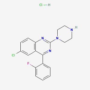 molecular formula C18H17Cl2FN4 B12738946 Quinazoline, 6-chloro-4-(2-fluorophenyl)-2-(1-piperazinyl)-, hydrochloride CAS No. 88422-44-0