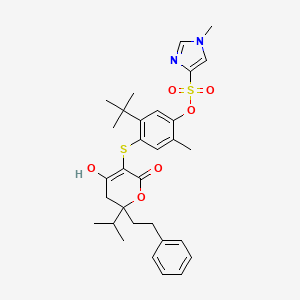 molecular formula C31H38N2O6S2 B12739065 (+-)-1H-Imidazole-4-sulfonic acid, 1-methyl-, 4-((5,6-dihydro-4-hydroxy-6-(1-methylethyl)-2-oxo-6-(2-phenylethyl)-2H-pyran-3-yl)thio)-5-(1,1-dimethylethyl)-2-methylphenyl ester CAS No. 263842-96-2