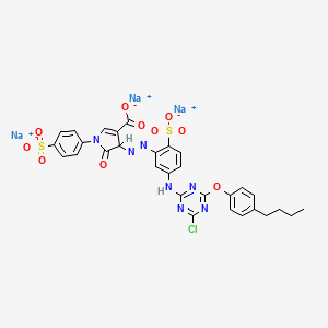 molecular formula C30H23ClN7Na3O10S2 B12739525 Trisodium 4-((5-((4-(4-butylphenoxy)-6-chloro-1,3,5-triazin-2-yl)amino)-2-sulphonatophenyl)azo)-4,5-dihydro-5-oxo-1-(4-sulphonatophenyl)-1H-pyrrole-3-carboxylate CAS No. 97574-43-1
