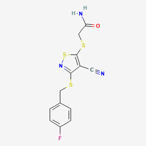molecular formula C13H10FN3OS3 B12739600 Acetamide, 2-((4-cyano-3-(((4-fluorophenyl)methyl)thio)-5-isothiazolyl)thio)- CAS No. 135489-23-5