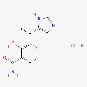 molecular formula C12H14ClN3O2 B12739656 Benzamide, 2-hydroxy-3-(1-(1H-imidazol-4-yl)ethyl)-, monohydrochloride, (+)- CAS No. 127170-77-8