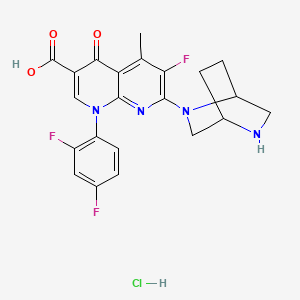 molecular formula C22H20ClF3N4O3 B12739967 1,8-Naphthyridine-3-carboxylic acid, 1,4-dihydro-7-(2,5-diazabicyclo(2.2.2)oct-2-yl)-1-(2,4-difluorophenyl)-6-fluoro-5-methyl-4-oxo-, monohydrochloride, (+-)- CAS No. 138668-57-2