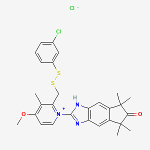 molecular formula C28H29Cl2N3O2S2 B12740531 Pyridinium, 2-(((3-chlorophenyl)dithio)methyl)-4-methoxy-3-methyl-1-(1,5,6,7-tetrahydro-5,5,7,7-tetramethyl-6-oxoindeno(5,6-d)imidazol-2-yl)-, chloride CAS No. 124473-39-8