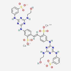molecular formula C36H32Ca2N12O14S4 B12740566 Dicalcium hydrogen-4,4'-bis((4-((2-hydroxyethyl)amino)-6-((3-sulphonatophenyl)amino)-1,3,5-triazin-2-yl)amino)stilbene-2,2'-disulphonate CAS No. 84681-96-9