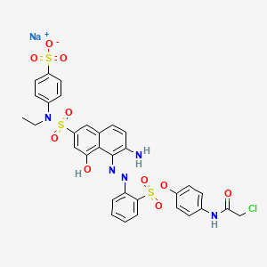 molecular formula C32H27ClN5NaO10S3 B12740617 Sodium 1-(4-(chloroacetamido)phenyl) 2-((2-amino-6-((ethyl(4-sulphonatophenyl)amino)sulphonyl)-8-hydroxy-1-naphthyl)azo)benzenesulphonate CAS No. 90697-54-4