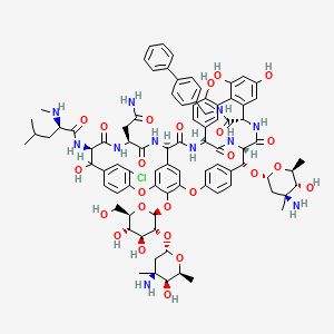 molecular formula C86H100ClN11O25 B12740634 Vancomycin, 22-O-(3-amino-2,3,6-trideoxy-3-C-methyl-alpha-L-arabino-hexopyranosyl)-26-((((1,1'-biphenyl)-4-ylmethyl)amino)carbonyl)-26-decarboxy-19-dechloro-,(4''R)- CAS No. 562105-14-0