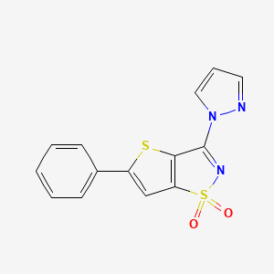 molecular formula C14H9N3O2S2 B12740729 Thieno(2,3-d)isothiazole, 5-phenyl-3-(1H-pyrazol-1-yl)-, 1,1-dioxide CAS No. 113387-71-6