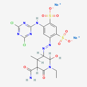 molecular formula C18H18Cl2N8Na2O9S2 B12740731 Disodium 4-((5-(aminocarbonyl)-1-ethyl-2-hydroxy-4-methyl-6-oxopiperidin-3-yl)azo)-6-((4,6-dichloro-1,3,5-triazin-2-yl)amino)benzene-1,3-disulphonate CAS No. 73398-40-0