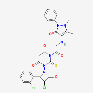 molecular formula C26H22Cl2N6O5S B12740820 4,6(1H,5H)-Pyrimidinedione, dihydro-1-(3-chloro-2-(2-chlorophenyl)-4-oxo-1-azetidinyl)-3-((2,3-dihydro-1,5-dimethyl-3-oxo-2-phenyl-1H-pyrazol-4-yl)amino)acetyl)-2-thioxo- CAS No. 151921-15-2