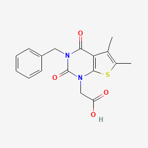 molecular formula C17H16N2O4S B12740883 Thieno(2,3-d)pyrimidine-1(2H)-acetic acid, 3,4-dihydro-5,6-dimethyl-2,4-dioxo-3-(phenylmethyl)- CAS No. 203808-44-0