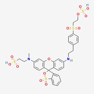 molecular formula C32H32N2O13S4 B12740922 Ethanesulfonic acid, 2-((1,1-dioxido-6'-((2-(4-((2-(sulfooxy)ethyl)sulfonyl)phenyl)ethyl)amino)spiro(3H-2,1-benzoxathiole-3,9'-(9H)xanthen)-3'-yl)methylamino)- CAS No. 73384-97-1