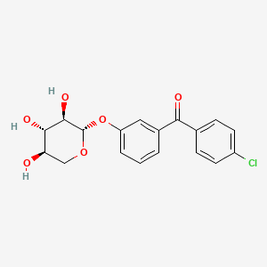 molecular formula C18H17ClO6 B12741706 Methanone, (4-chlorophenyl)(3-(beta-D-xylopyranosyloxy)phenyl)-, hemihydrate CAS No. 83366-20-5