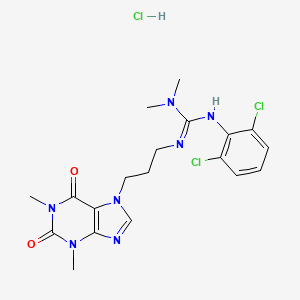 molecular formula C19H24Cl3N7O2 B12741763 Theophylline, 7-(3-(2-(2,6-dichlorophenyl)-3,3-dimethylguanidino)propyl)-, hydrochloride CAS No. 85461-02-5