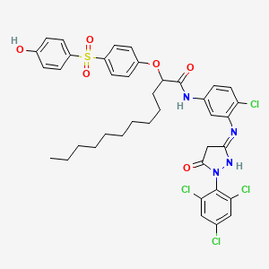 molecular formula C39H40Cl4N4O6S B12742284 N-(4-Chloro-3-((4,5-dihydro-5-oxo-1-(2,4,6-trichlorophenyl)-1H-pyrazol-3-yl)amino)phenyl)-2-(4-((4-hydroxyphenyl)sulphonyl)phenoxy)dodecanamide CAS No. 87001-12-5