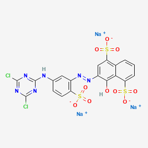 molecular formula C19H9Cl2N6Na3O10S3 B12742307 Trisodium 3-((5-((4,6-dichloro-1,3,5-triazin-2-yl)amino)-2-sulphonatophenyl)azo)-4-hydroxynaphthalene-1,5-disulphonate CAS No. 85959-03-1