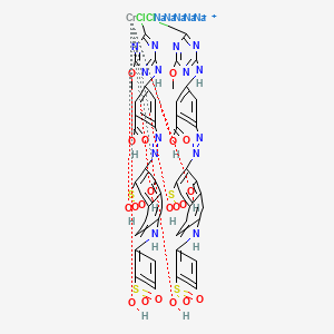 molecular formula C54H40Cl2CrN14Na5O20S4+5 B12742615 Pentasodium bis(5-((4-chloro-6-methoxy-1,3,5-triazin-2-yl)amino)-2-((1-hydroxy-3-sulpho-7-(3-sulphoanilino)-2-naphthyl)azo)benzoato(4-))chromate(5-) CAS No. 83984-90-1